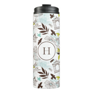 Blue Chartreuse Birdcages Floral Pattern Monogram Thermal Tumbler