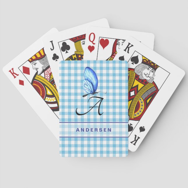Blue Check And Blue Butterfly Playing Cards (Back)