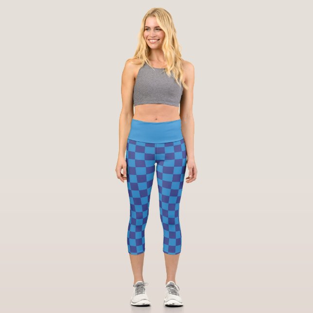 Blue Check Checker Board Pattern Capri Leggings (Front)