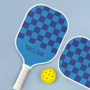 Blue Check Checker Board Pattern Personalized Pickleball Paddle
