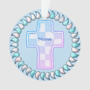 Blue Check Christian Cross Ornament