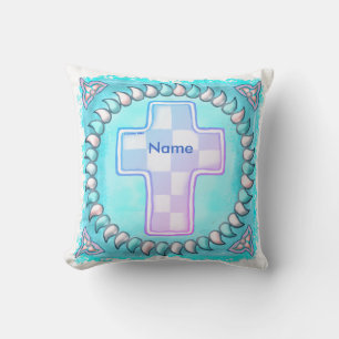 Blue Check Christian Cross Throw Pillow