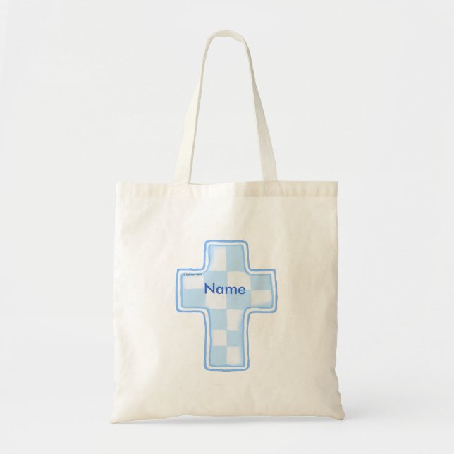 Blue Check Christian Cross Tote Bag (Front)