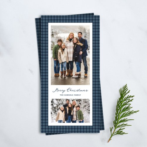 Blue check frame two photo Merry Christmas Holiday Card