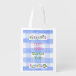 Blue Check Gingham Flowers FARM FRESH Grocery Bag
