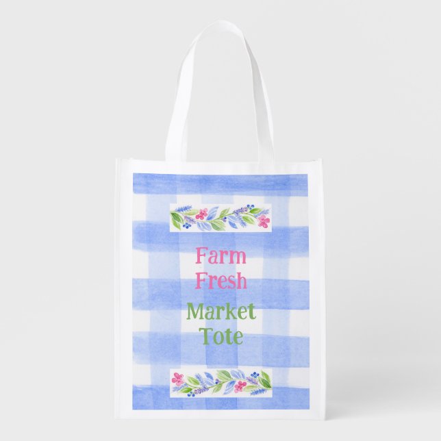 Blue Check Gingham Flowers FARM FRESH Grocery Bag (Front)