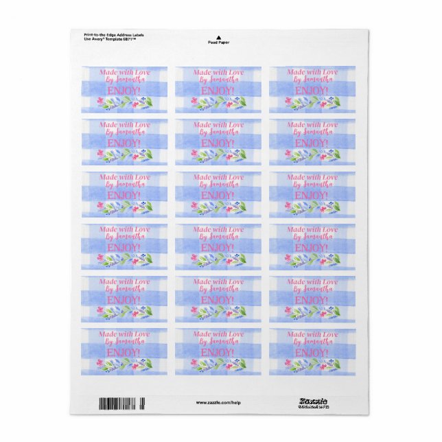 Blue Check Gingham Flowers MADE WITH LOVE H Label (Full Sheet)