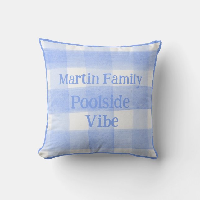 Blue Check Gingham POOLSIDE VIBE Outdoor Pillow (Front)