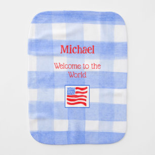 Blue Check Gingham USA Flag WELCOME Baby BURP Baby Burp Cloth