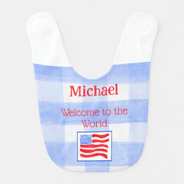Blue Check Gingham USA Flag WELCOME Baby Clothing Baby Bib (Front)