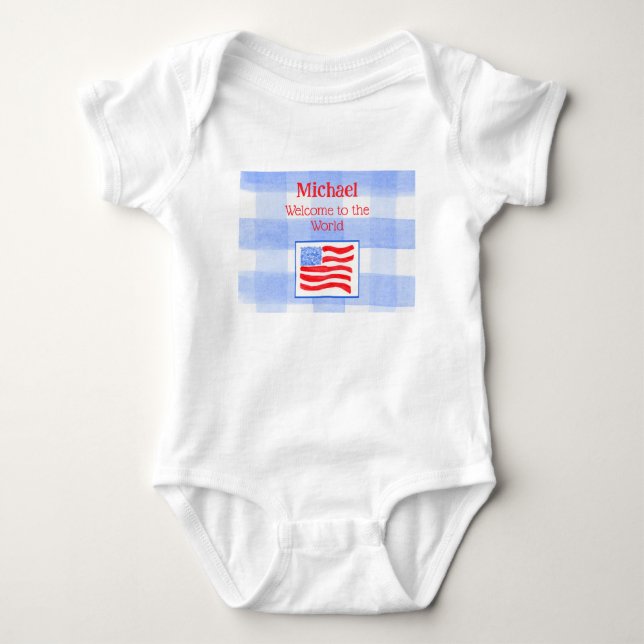 Blue Check Gingham USA Flag WELCOME Baby Clothing Baby Bodysuit (Front)