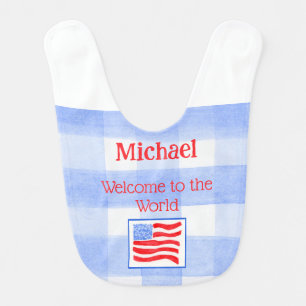 Blue Check Gingham USA Flag WELCOME Baby Clothing Bib