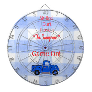Blue Check Gingham Vintage Blue Truck Dart Board