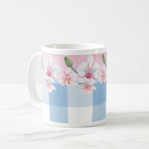 Blue Check Orchid Floral Coffee Mug