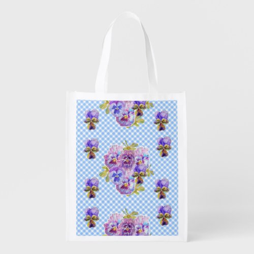 Blue Check Pansy floral Reusable Grocery Bag
