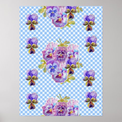 Blue Check Pansy flower flowers Shabby Chic Poster