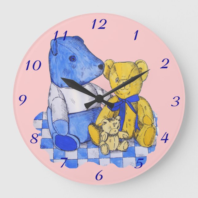 blue check picnic cloth and three teddy bears kids large clock (Front)