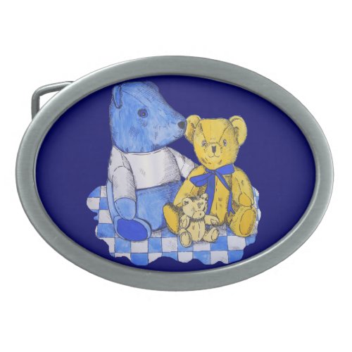 blue check picnic cloth with cute teddy bears belt buckle