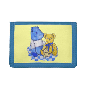 blue check picnic cloth with cute teddy bears trifold wallet