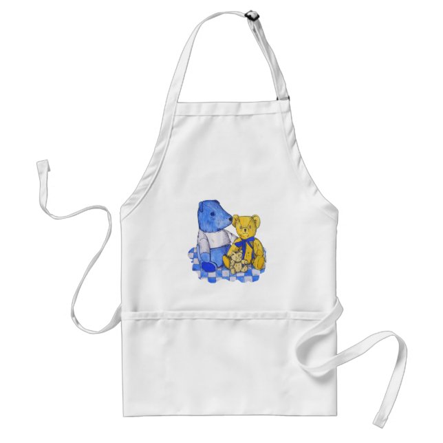 blue check picnic cloth with three old teddies adult apron (Front)