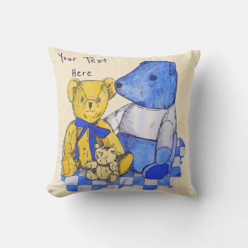 blue check picnic cloth with three old teddies throw pillow