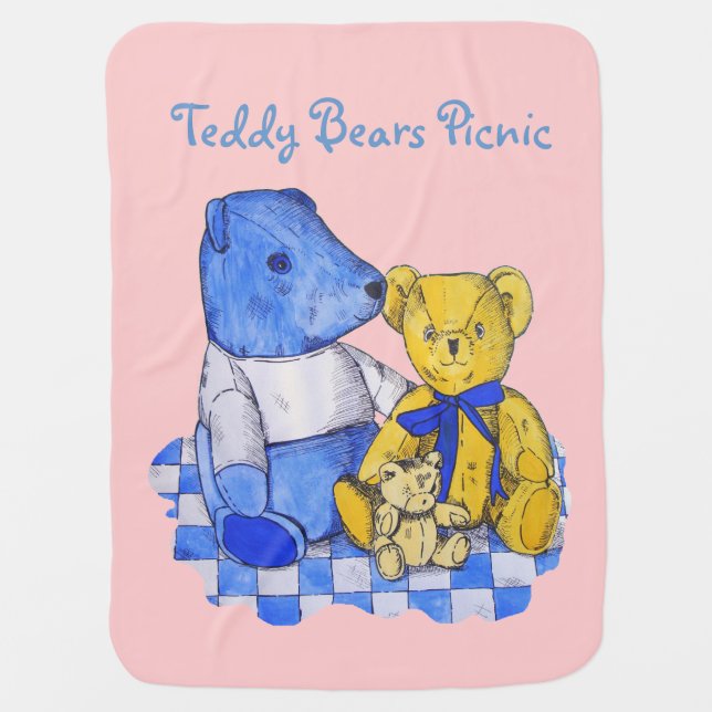 blue check picnic cloth with three teddies stroller blanket (Front)
