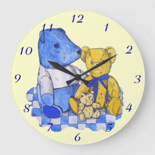 blue check picnic cloth with three teddy bears large clock