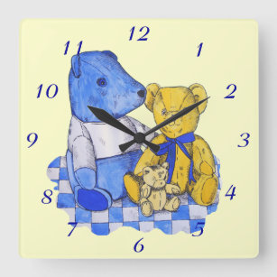 blue check picnic cloth with three teddy bears square wall clock