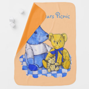 blue check picnic cloth with three teddy bears swaddle blanket