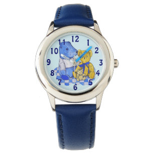 blue check picnic cloth with three teddy bears watch