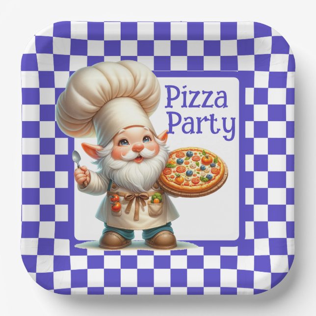 Blue Check Pizza Party Paper Plates (Front)