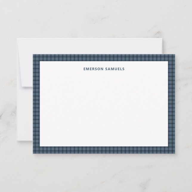 Blue check plaid simple framed personal note card (Front)