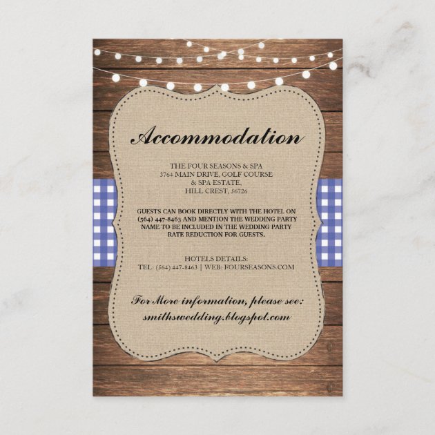 Blue Check Rustic Accommodation Wood Wedding Cards