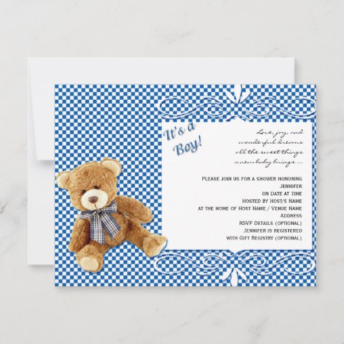 Blue Check Teddy Bear Baby Shower Invitation