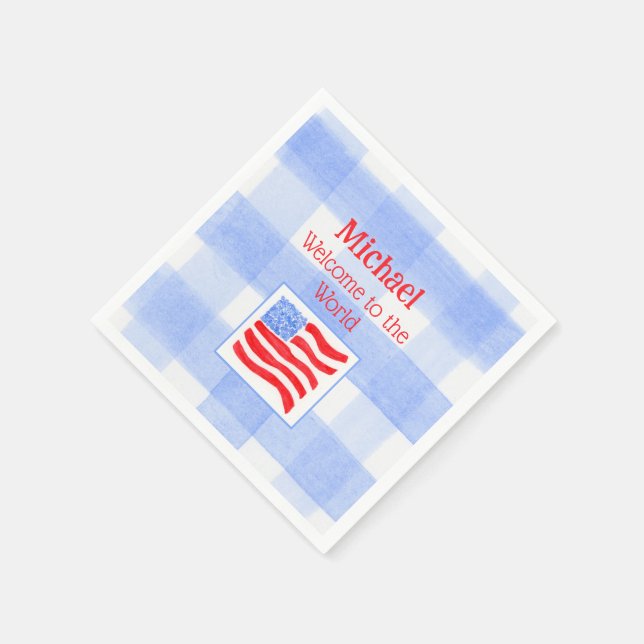 Blue Check USA Flag WELCOME TO THE WORLD Napkins (Corner)