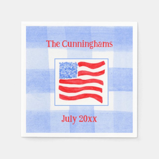 Blue Check Watercolor USA Flag PERSONALIZE Mat Napkins (Front)
