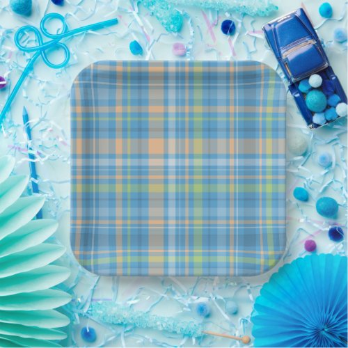 Blue Checked Retro Style Plaid Pattern Paper Plates