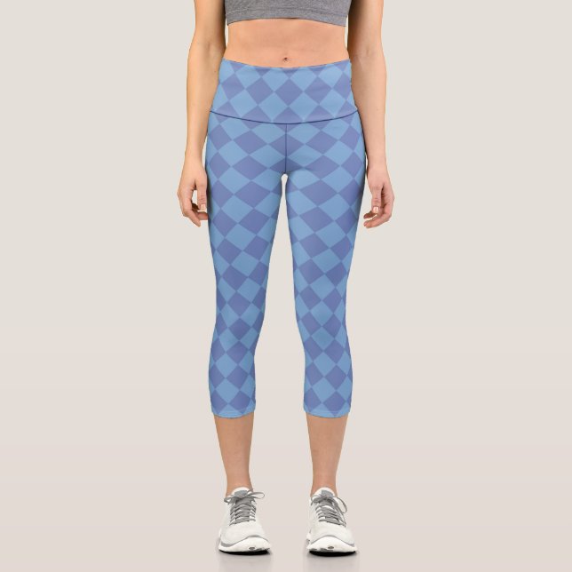 Blue Checker Diamond Pattern  Capri Leggings (Front)