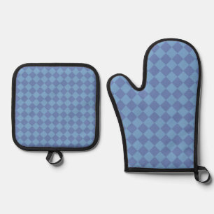 Blue Checker Diamond Pattern Oven Mitt & Pot Holder Set