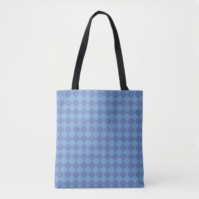 Blue Checker Diamond Pattern Shoulder Tote Bag (Front)
