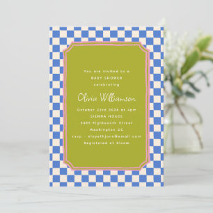 Blue Checker Olive Green Pink Baby Shower Invitation