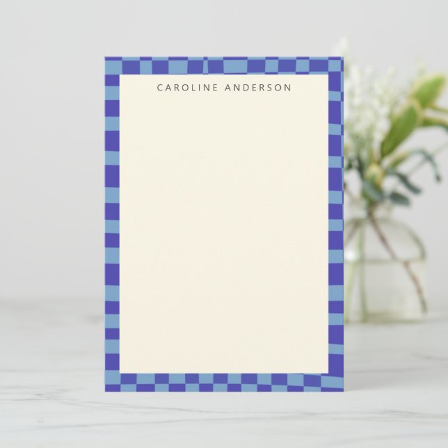 Blue Checkerboard Border Personalized Name Flat Note Card (Standing Front)