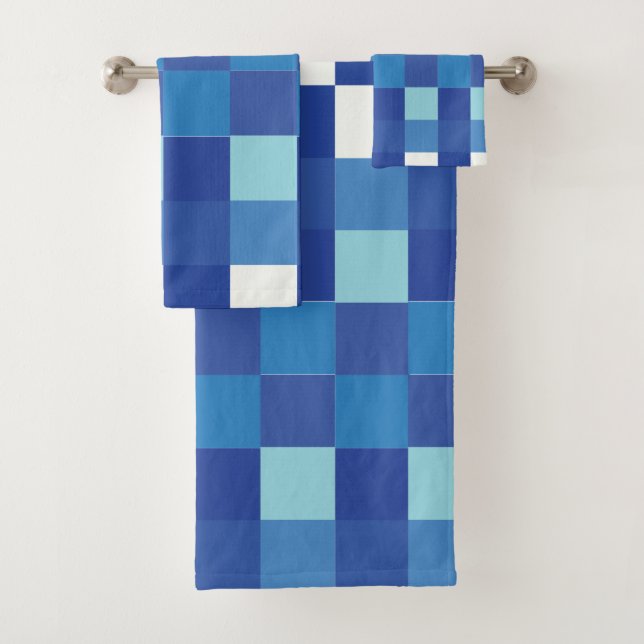 Blue Checkerboard Checkered Pattern Bath Towel Set (Insitu)