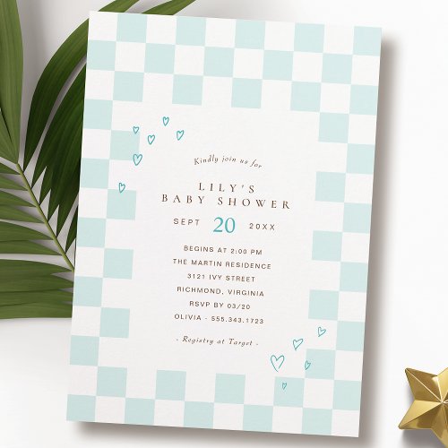 Blue Checkerboard  Cute Modern Boy Baby Shower Invitation