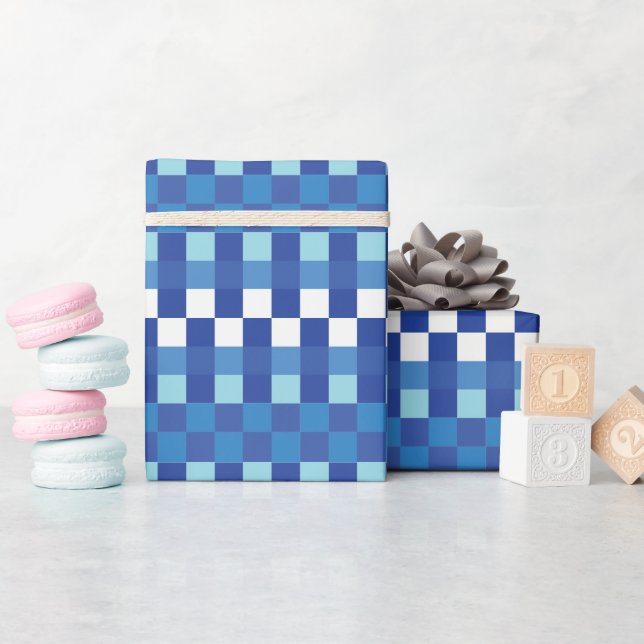 Blue Checkerboard Cute Modern Wrapping Paper (Baby Shower)