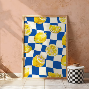 Blue Checkerboard Lemon Wall Art Print