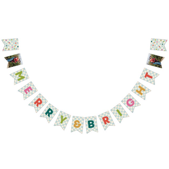 Blue Checkerboard Merry & Bright Bunting Banner (All)