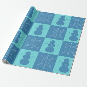 Blue Checkerboard Snowflake and Snowman Wrapping Paper