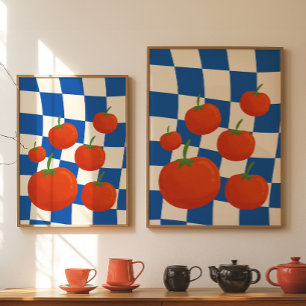 Blue Checkerboard Tomato Poster