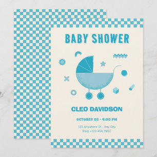 Blue Checkered baby stroller baby shower Invitation
